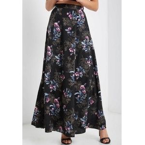 Woven Black Floral Print Side Slit Maxi Skirt